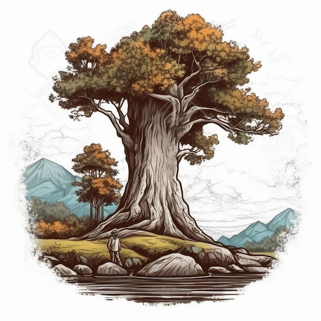 Peinture à l'aquarelle du vieil homme et du grand arbre