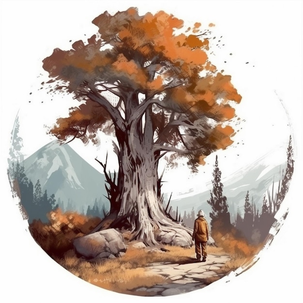 Peinture à l'aquarelle du vieil homme et du grand arbre