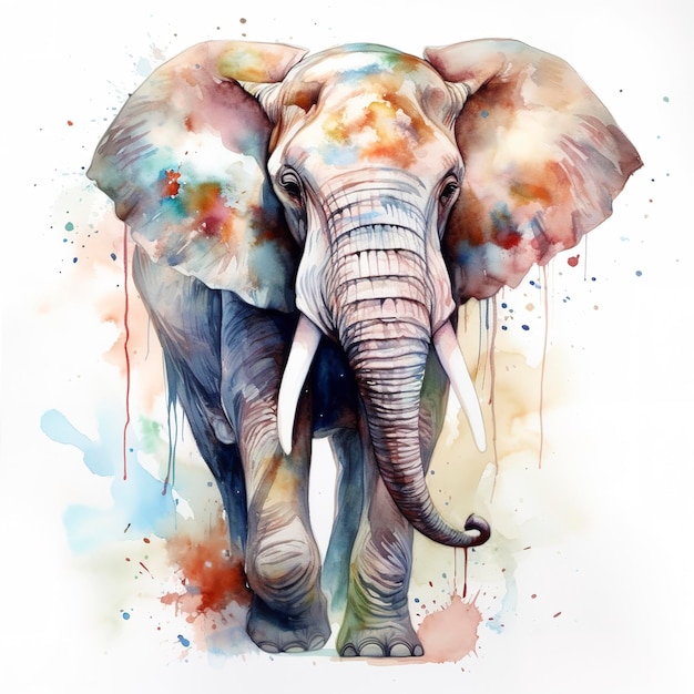 Une peinture à l'aquarelle d'un éléphant de belles formes naturelles des formes nettes et propres un fond blanc coloré génère ai