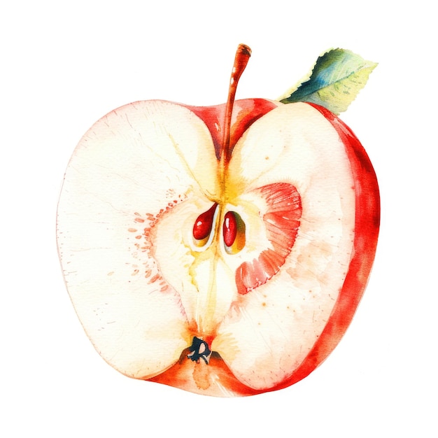 Une peinture à l'aquarelle exquisement détaillée montre une coupe transversale d'une pomme mûre