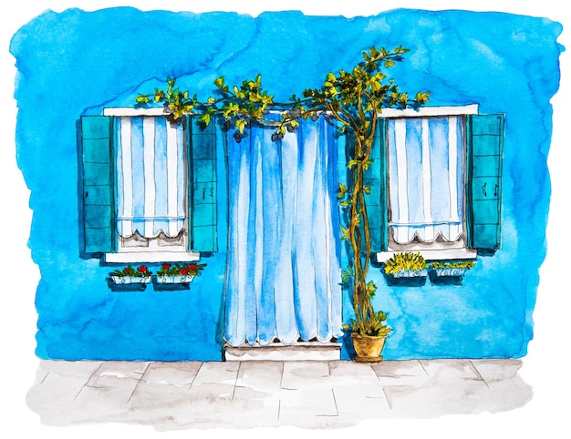 Peinture à l'aquarelle de la façade bleue de la maison avec porte fenêtre et arbre décoratif