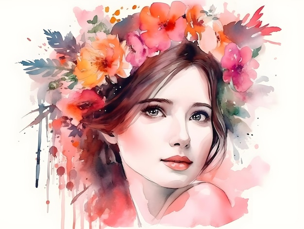 Peinture à l'aquarelle d'une femme avec des fleurs sur la tête