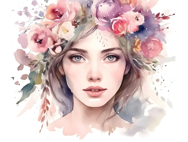 Peinture à l'aquarelle d'une femme avec des fleurs sur la tête