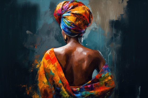 Peinture à l'aquarelle d'une femme noire avec un turban sur la tête IA générative