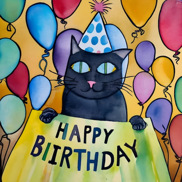 Peinture à l'aquarelle fête d'anniversaire de chat noir