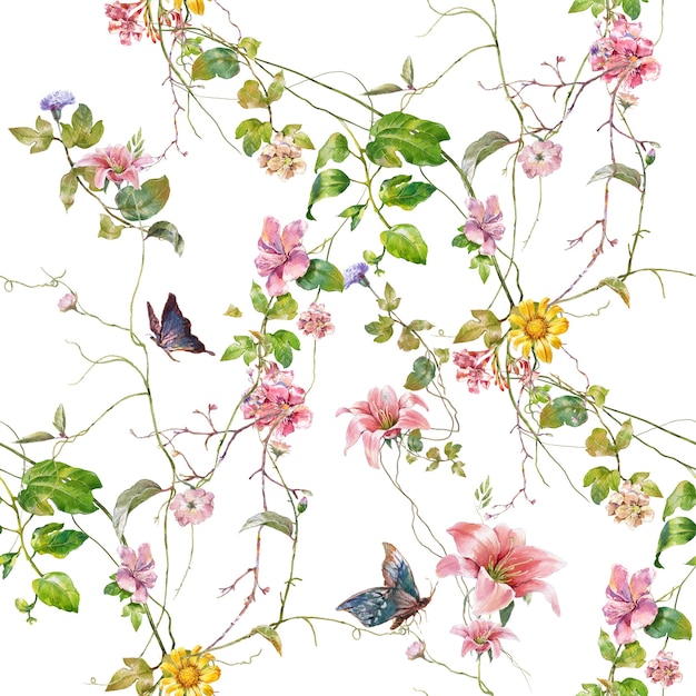 Peinture à l'aquarelle de feuilles et fleurs modèle sans couture sur fond blanc