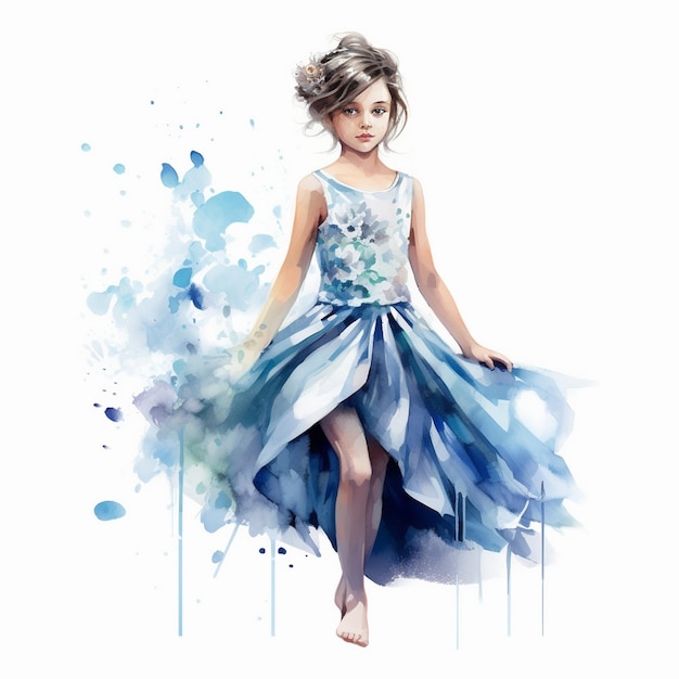 une peinture à l'aquarelle d'une fille dans une robe bleue.