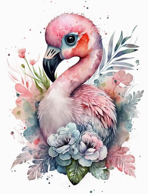 Une peinture à l'aquarelle d'un flamant rose avec des fleurs et des feuilles.