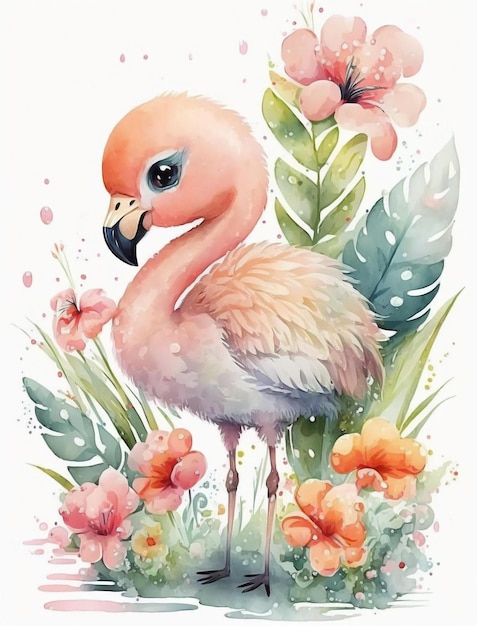 Peinture à l'aquarelle d'un flamant rose en fleurs