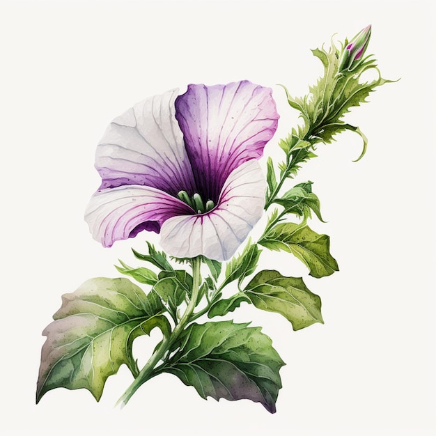 Une peinture à l'aquarelle d'une fleur aux pétales violets et blancs et aux feuilles vertes.