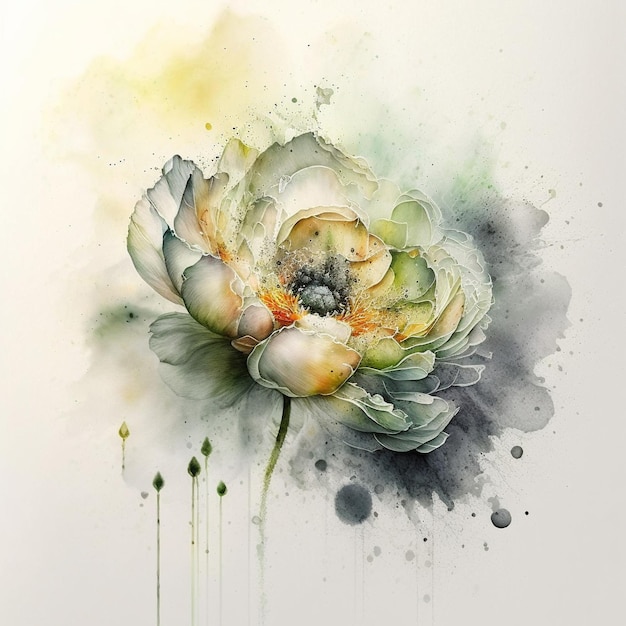 Une peinture à l'aquarelle d'une fleur avec un centre vert.