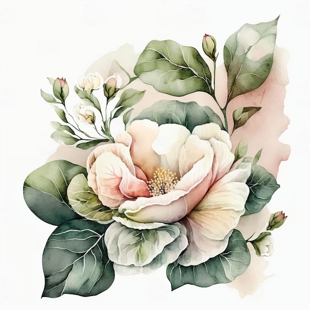 Une peinture à l'aquarelle d'une fleur avec une fleur blanche et des feuilles.