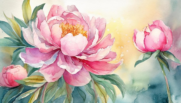 Peinture à l'aquarelle de la fleur de pionne Art botanique dessiné à la main Belle composition florale