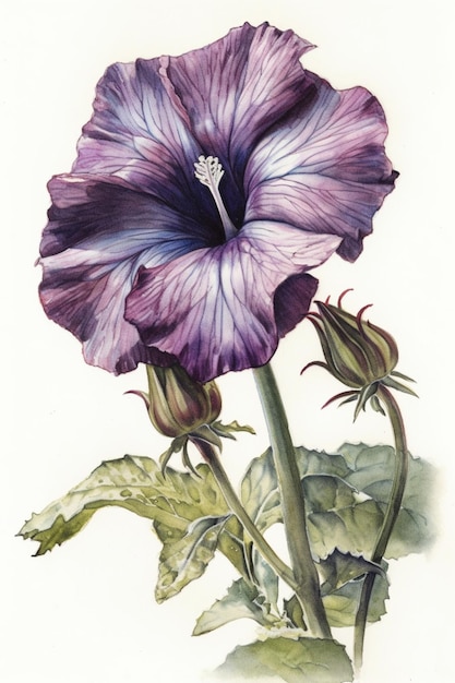 Une peinture à l'aquarelle d'une fleur violette avec un centre blanc.