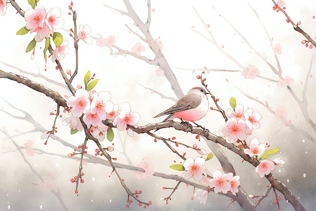 Peinture à l'aquarelle en fleurs de cerisier sakura arrière-plan de printemps avec un oiseau sur une branche d'arbre