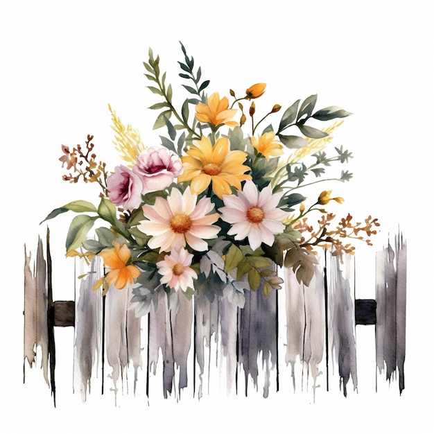 Peinture à l'aquarelle de fleurs sur une clôture