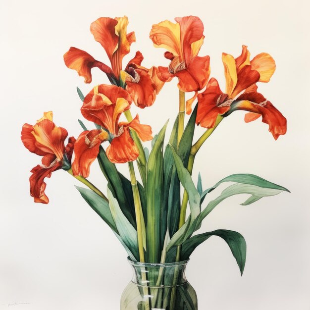 Photo peinture à l'aquarelle de fleurs d'iris orange dans un vase en verre