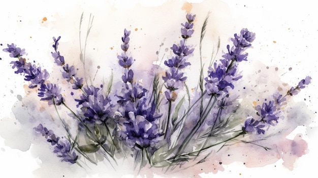 Peinture à l'aquarelle de fleurs de lavande sur fond blanc