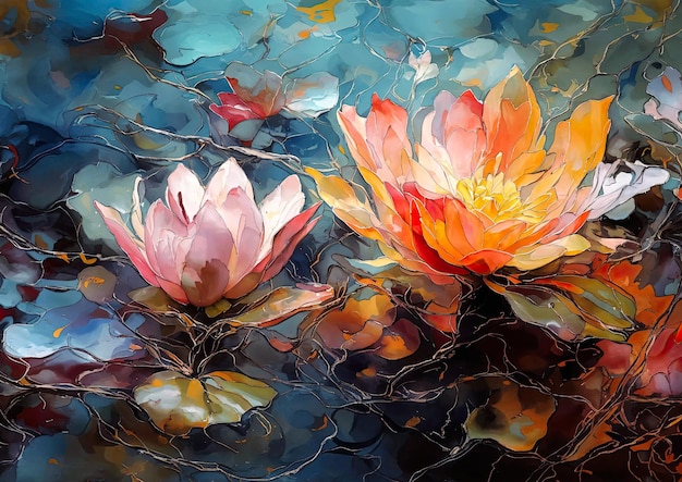 Peinture à l'aquarelle de fleurs de lotus sur le fond d'une forêt d'automne