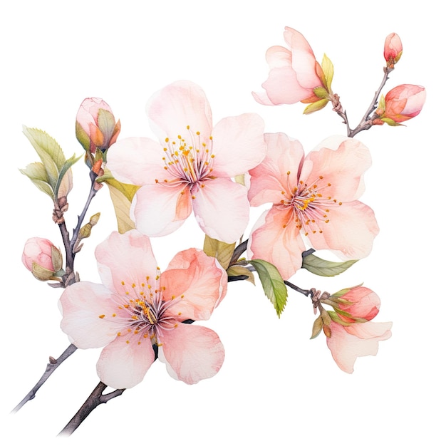 Peinture à l'aquarelle de fleurs de pêche sur fond blanc