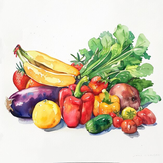 Photo peinture à l'aquarelle de fruits et légumes sur fond blanc