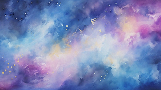 Peinture à l'aquarelle d'une galaxie de nébuleuse de ciel nuageux abstrait avec du bleu violet et de l'or pour le fond