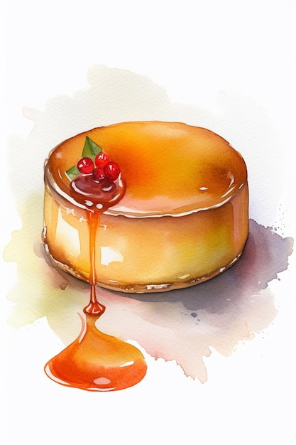 Une peinture à l'aquarelle d'un gâteau au caramel avec une goutte de fruits rouges sur le dessus.