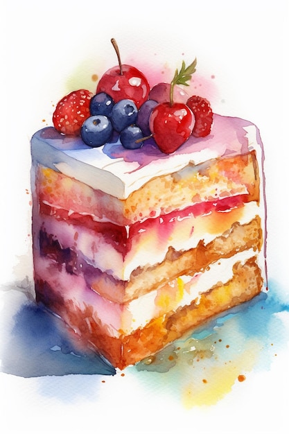 Une peinture à l'aquarelle d'un gâteau aux myrtilles et mûres.