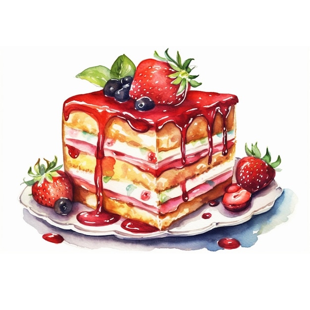 Une peinture à l'aquarelle d'un gâteau avec des fraises sur le dessus.