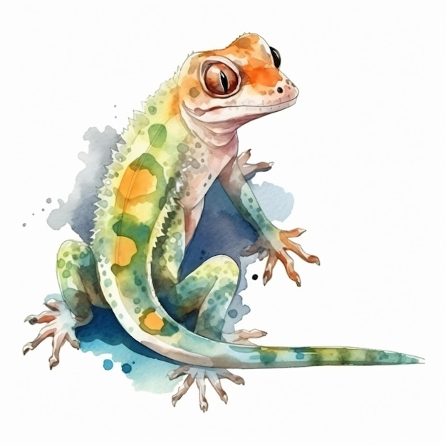 Photo une peinture à l'aquarelle d'un gecko avec un motif jaune et vert.