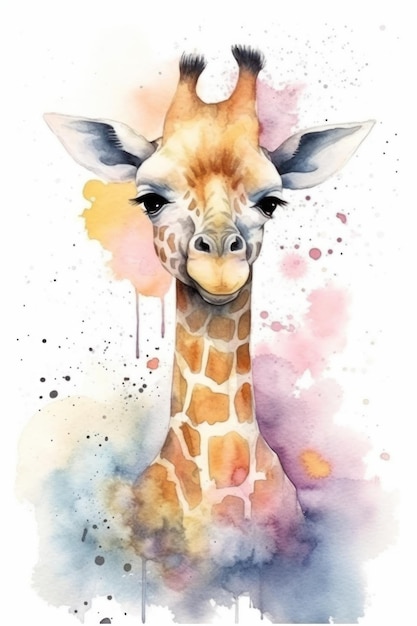 Peinture à l'aquarelle d'une girafe avec un fond bleu et les mots girafe sur le devant.
