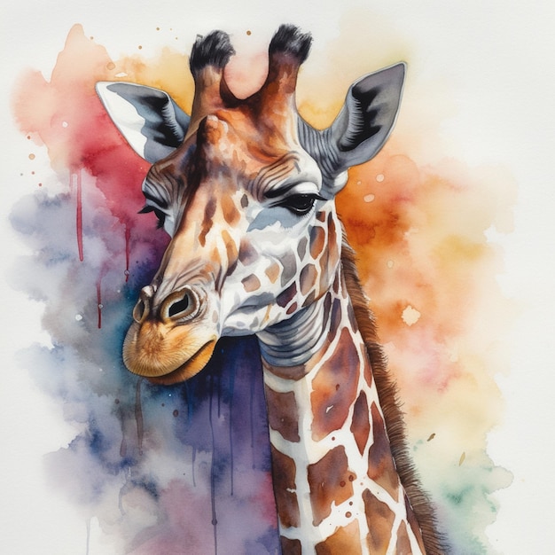 Une peinture à l'aquarelle d'une girafe avec un fond bleu et rouge.