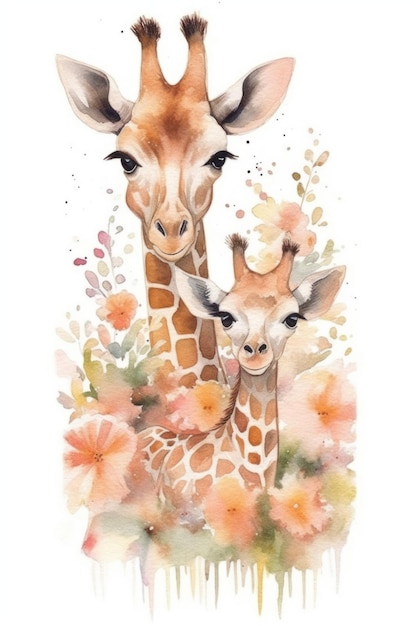 Peinture à l'aquarelle d'une girafe et de son bébé girafe