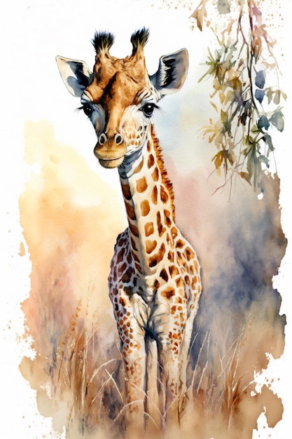Une peinture à l'aquarelle d'une girafe avec la tête haute.
