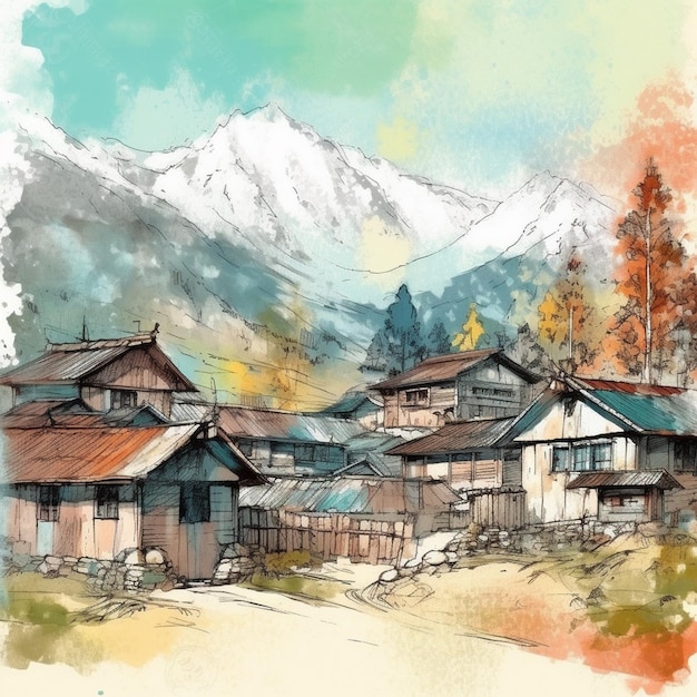 Peinture à l'aquarelle d'un grand village