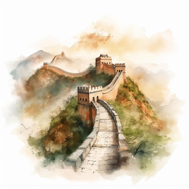 Peinture à l'aquarelle de la grande muraille de chine