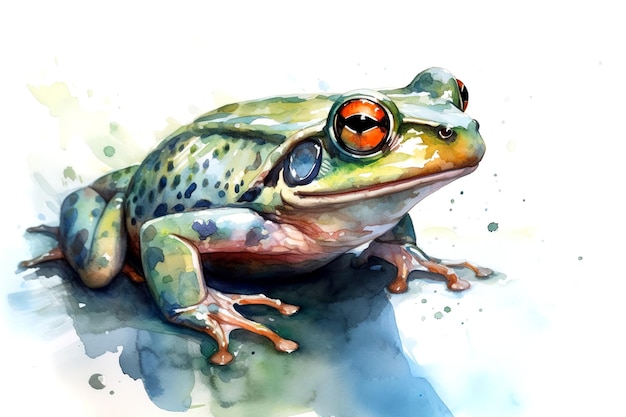 Peinture à l'aquarelle d'une grenouille verte sur fond blanc Illustration d'amphibien AI générative