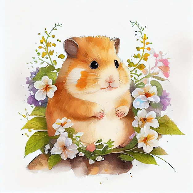 Une peinture à l'aquarelle d'un hamster avec des fleurs et des feuilles.