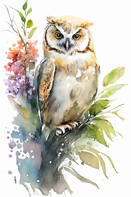 Une peinture à l'aquarelle d'un hibou avec une fleur violette.