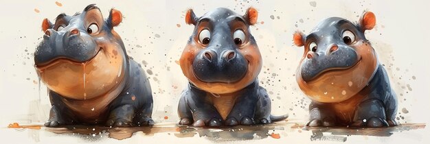 Peinture à l'aquarelle d'un hippopotame mignon