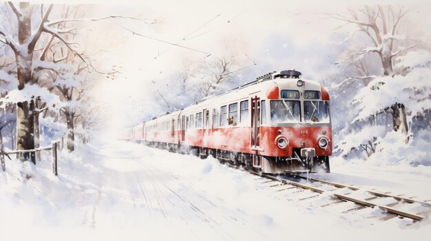 Peinture à l'aquarelle d'hiver d'art conceptuel de train habité au Japon