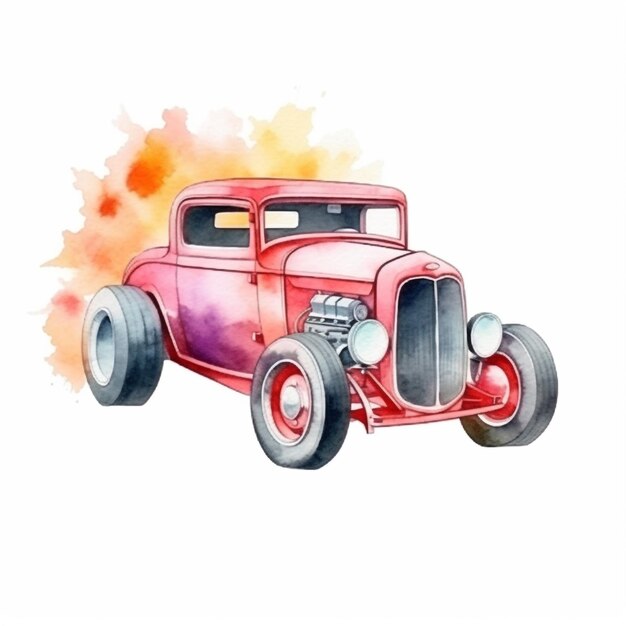 Une peinture à l'aquarelle d'un hot rod rouge vintage.