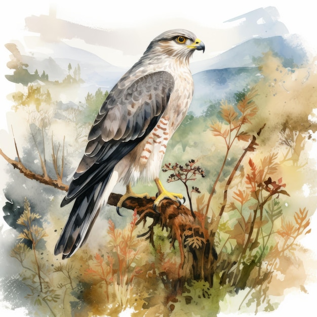 Peinture à l'aquarelle hyperréaliste d'un faucon dans un paysage sauvage