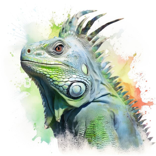 Peinture à l'aquarelle d'iguane vert sur fond blanc