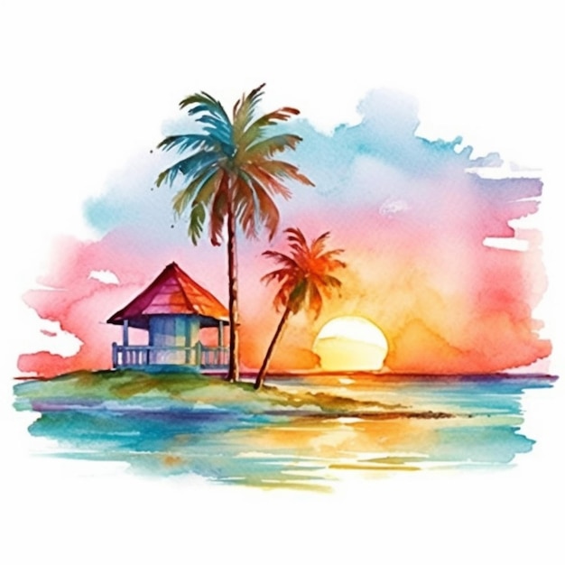 Peinture à l'aquarelle d'une île tropicale avec une maison et des palmiers