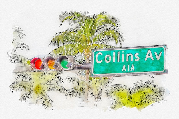 Peinture à l'aquarelle illustration de Collins Avenue street sign dans le quartier Art Déco de South Miami USA