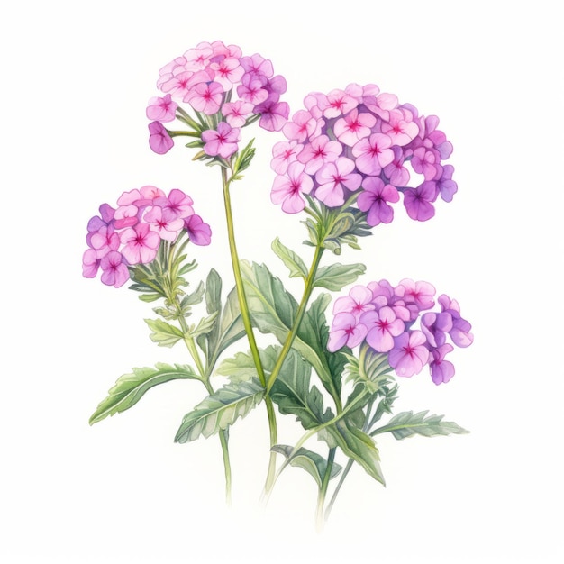 une peinture à l'aquarelle avec des illustrations très détaillées de fleurs violettes. le style rappelle des illustrations simples et colorées avec une touche de cœur de prairie. le rendu réaliste et détaillé