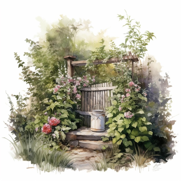 Une peinture à l'aquarelle d'un jardin avec un seau et des fleurs.