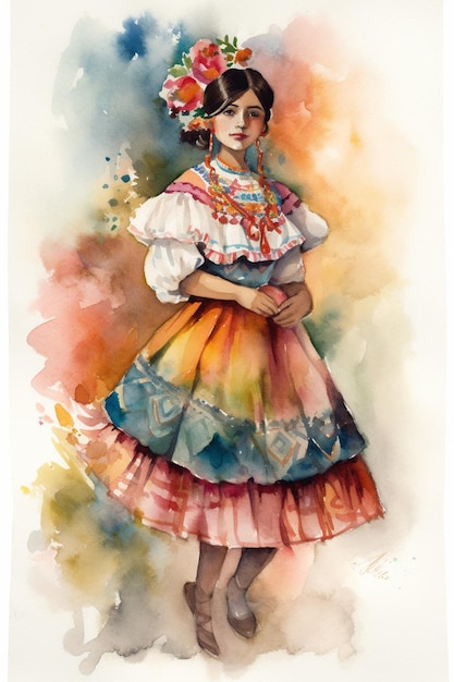 Une peinture à l'aquarelle d'une jeune fille en costume traditionnel.