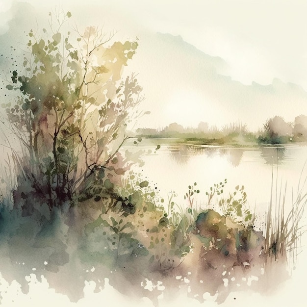 Peinture à l'aquarelle d'un lac avec des arbres et de l'herbe.